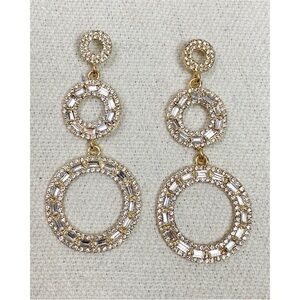 Gold Tone Clear Rhinestone Triple Circle Drop Earrings